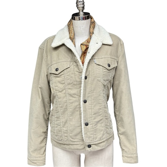 Levi’s Premium Sherpa Trucker Jacket Beige Corduroy Size Small EUC - Picture 1 of 12